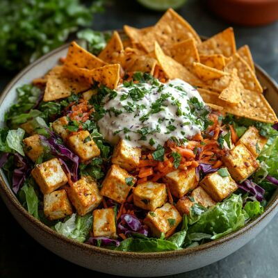 Imagem principal da notícia Salada Vegana com Tofu Defumado e Molho Cremoso de Queijo Vegetal